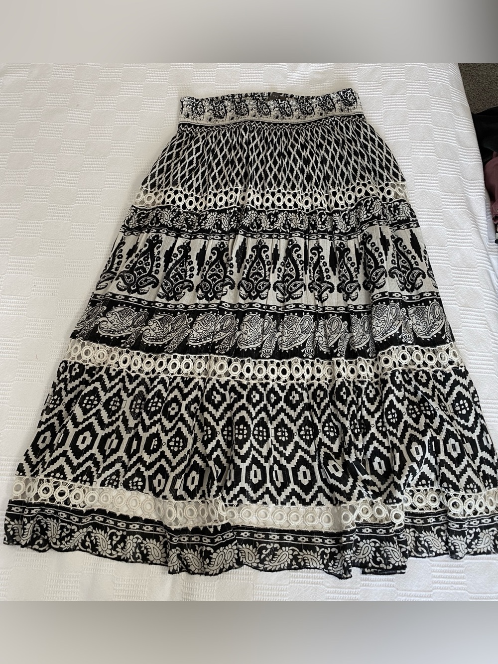XL Black & Cream Boho Printed Maxi Skirt Rayon & Cotton by Suzy Shier